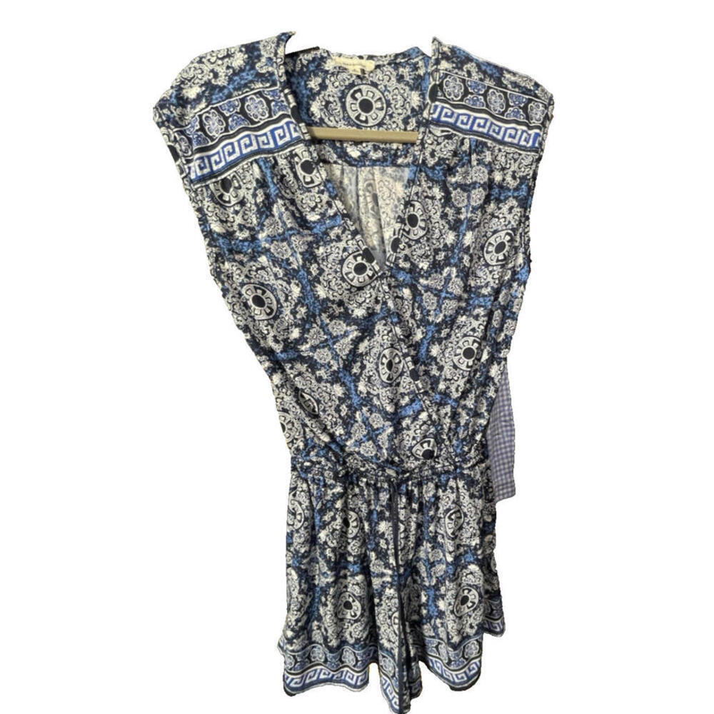 Max Studio Women's Romper Blue Geometric Patterned V Neck Size Small